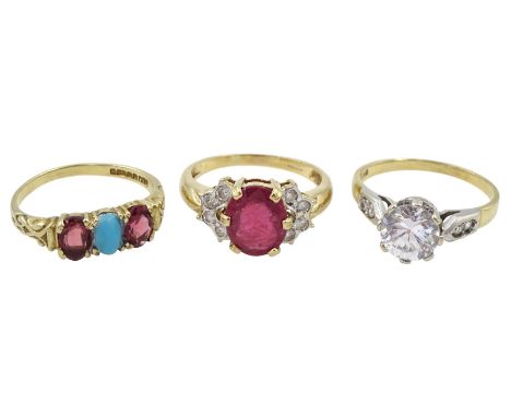 Gold oval ruby and cubic zirconia cluster ring, single stone cubic zirconia ring and a three stone turquoise and garnet ring,