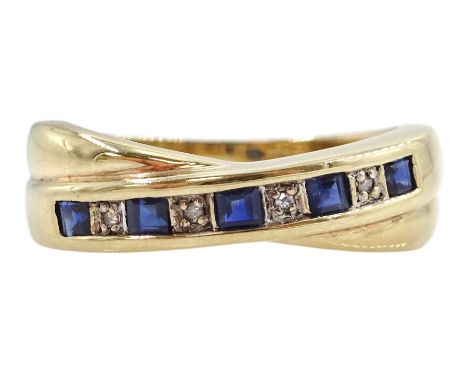 9ct gold channel set square cut sapphire and diamond crossover ringCondition Report:Approx 2.6gm, hallmarks rubbed an indisti