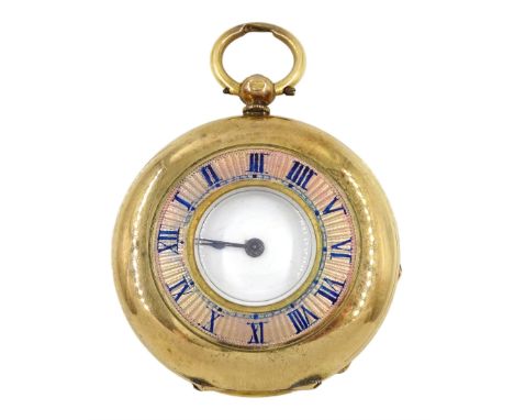 Early 20th century 18ct gold half hunter key wound cylinder fob watch, white enamel dial with Roman numerals, back case monog