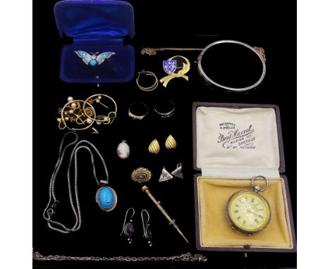 9ct gold jewellery including pairs of earrings and rings, silver enamel and paste stone set butterfly brooch, silver earrings
