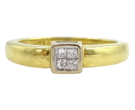 18ct gold four stone princess cut diamond ring, hallmarkedCondition Report:Approx 4gm, size K-L, max depth = 4.5mm =