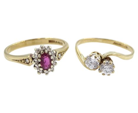 Gold diamond and pink stone cluster ring and a gold two stone cubic zirconia crossover ring, both hallmarked 9ctCondition Rep