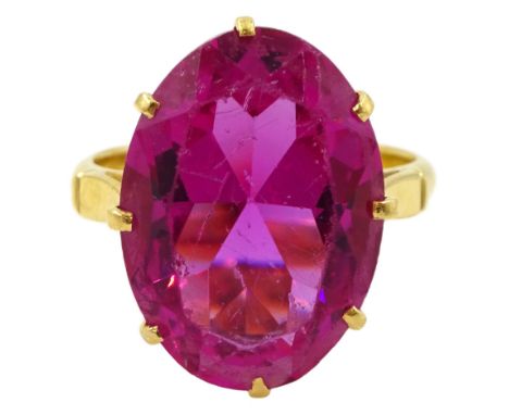 22ct gold gold single pink synthetic stone ringCondition Report:Approx 7.3gm, tested 22ct, size K, head = 18mm x 13mm, light 