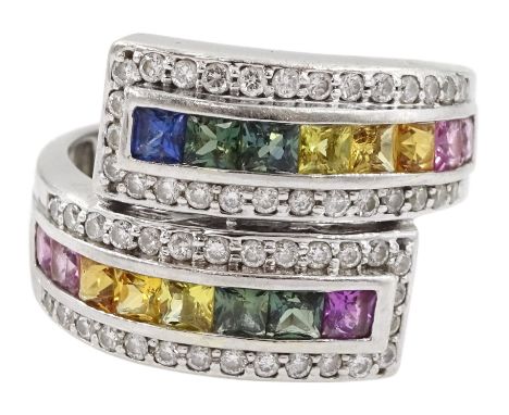 9ct white gold channel set princess cut rainbow sapphire crossover ring, with diamond set surround, hallmarkedCondition Repor