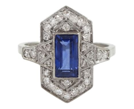 18ct white gold Art Deco style milgrain set baguette cut sapphire and diamond cluster ring, stamped 18ct PlatCondition Report