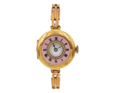 Early 20th century 9ct gold ladies manual wind half hunter wristwatch, on expanding rose gold bracelet, stamped 9ctCondition 