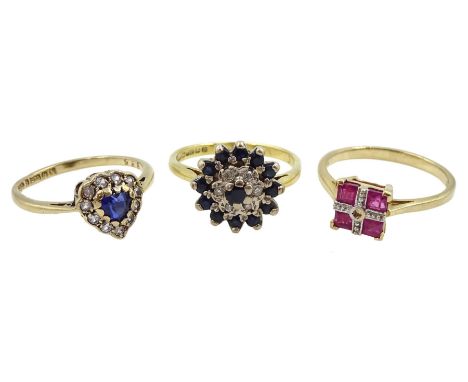 18ct gold sapphire and diamond cluster ring and two 9ct gold stone set cluster rings, all hallmarkedCondition Report:18ct app