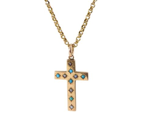 Edwardian rose gold turquoise and seed pearl cross pendant necklace by Gourdel Vales &amp; Co, stamped 9ct, on 14ct gold belc