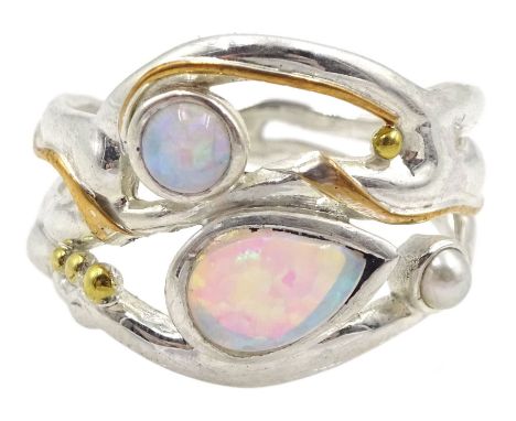 Silver and 14ct gold wire opal and pearl ring, stamped 925Condition Report:Size O, max depth 17mm, good condition 