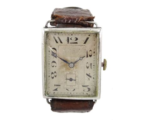 Early 20th century gentleman's silver rectangular manual wind wristwatch, silvered dial with Arabic numerals and subsidereary