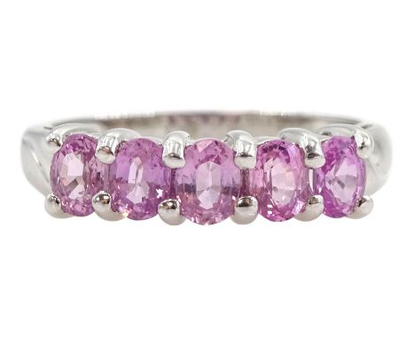 9ct white gold five stone oval pink sapphire ring, hallmarkedCondition Report:Approx 2.3gm, size L-M, good condition