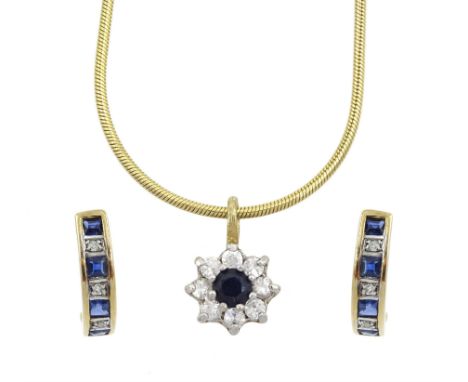 Pair of gold sapphire and diamond chip half hoop earrings and a sapphire and cubic zirconia cluster pendant necklace, all hal