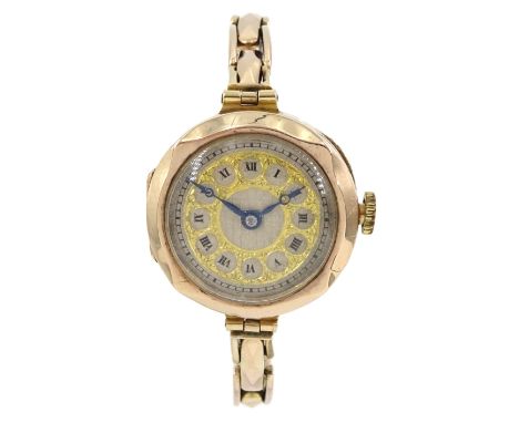 Early 20th century 9ct gold ladies manual wind wristwatch, Glasgow import marks 1927, on rose gold expanding link bracelet, s