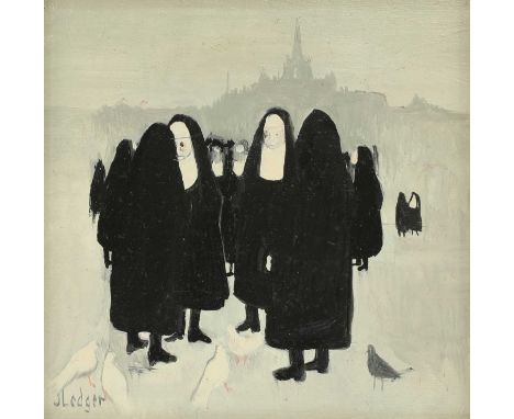 *Janet Ledger (b.1931) Nuns and doves; Nuns with flag a pair, the first signed l.l.; the second signed and dated '82 l.l. oil