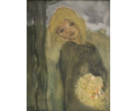 *Robert Sadler (1909-2001) 'Girl and haystack' indistinctly signed l.r., acrylic on board 23 x 28cm; 'Girl with Flowers' sign