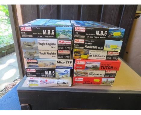 AZ Model 1/72nd scale aircraft unmade kits, generally excellent in good plus boxes, with range of WWII to post war. Some dupl