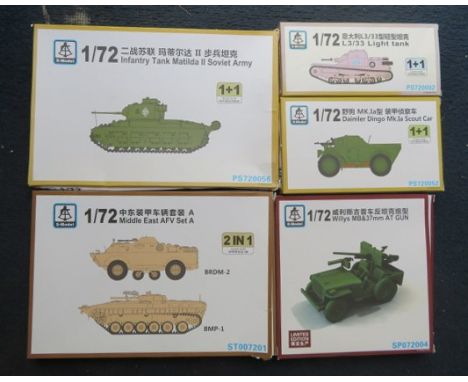S-Model 1/72nd scale military unmade kits, with Daimler Dingo No. PS720052, Willys MB&amp;37mm AT gun No. SP072004, L3/33 lig