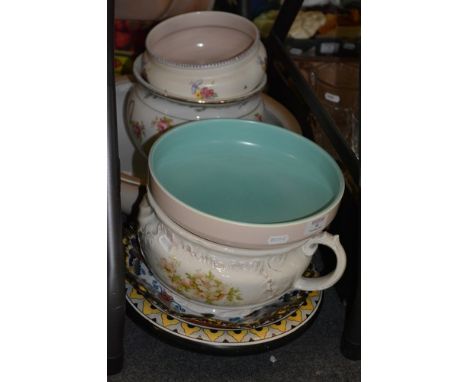 Poole Pottery twin-tone bowl, diameter 25cms, a chamber pot, a basin and other pottery.