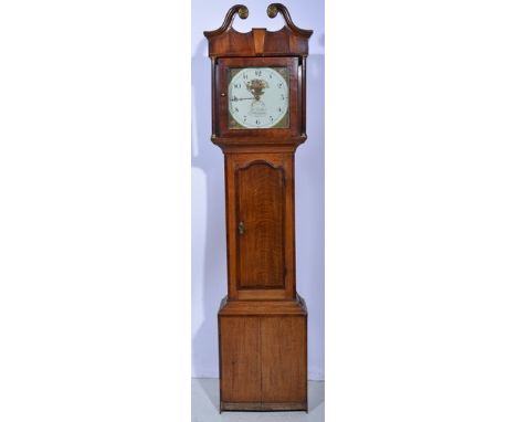 Oak and mahogany longcase clock, square painted dial signed Thos Hallam, Nottingham, floral decoration with a date aperture, 