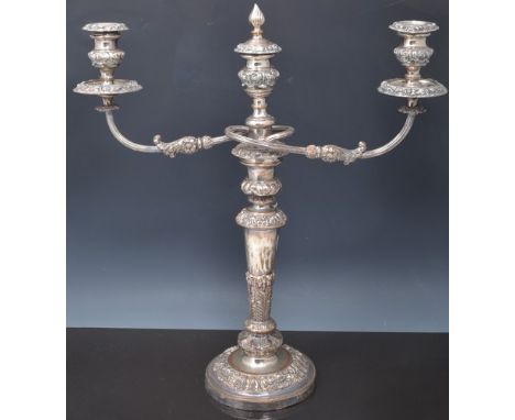 Electroplated three-light candelabra, two reeded branches, tapering shaft, circular base, 51cms.