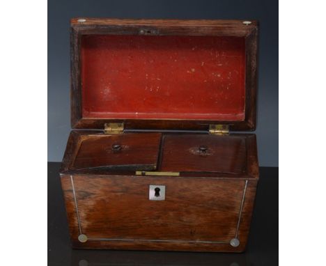 Victorian rosewood sarcophagus-shaped tea caddy, two section interior, width 20cms, a Mauchline type barrel-shaped money box 
