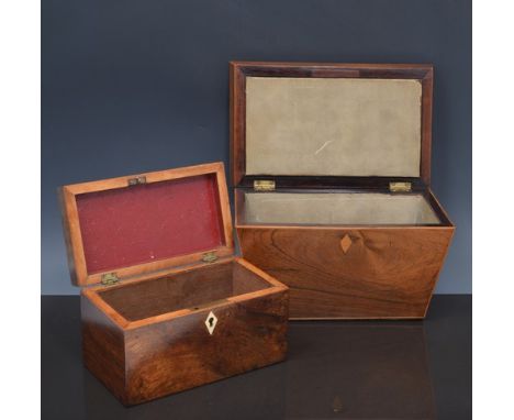 Victorian rosewood sarcophagus shaped caddy, adapted, width 25cms, another rosewood box, a yew wood box and two picture frame