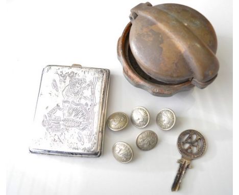 Sterling silver cigarette case, engraved decoration of a bull fighting scene, 10cms, Midland Railway buttons, vintage AA key,