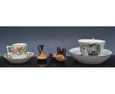 Two Stephenson & Hancock coffee cans and saucers, decorated with rose buds and other flowers, bat-printed New Hall marked tea