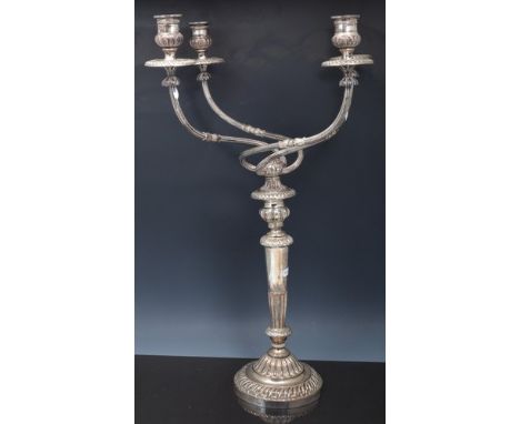 Electroplated four-light candelabra, (lacking centre sconce), reeded branches, semi-fluted shaft, 67cms.
