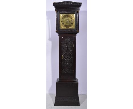 Dark oak longcase clock, square brass dial, eight-day movement, 185cms.