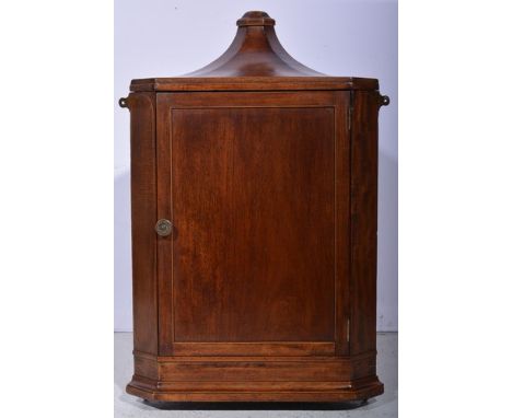 Small mahogany hanging corner cupboard, with boxwood stringing panelled door enclosing a single shelf, width 52cms.