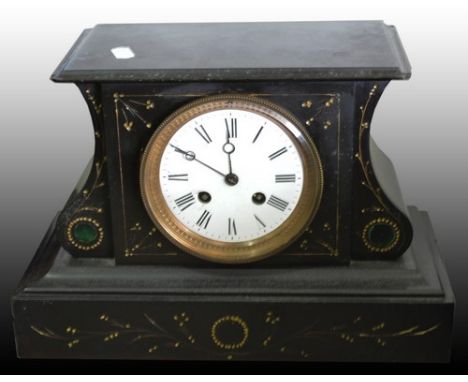 Black marble mantel clock, 19th Century, white enamelled dial, cylinder movement, striking on a bell, width 30cms.