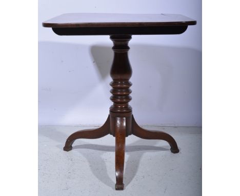 George IV mahogany pedestal table, rectangular tilt top with rounded corners, ringed columns, tripod legs, 72 x 61cms.