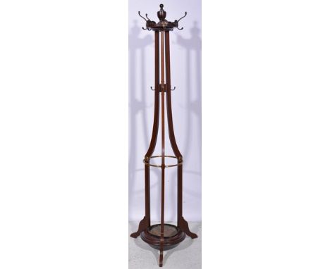 Victorian style mahogany coat stand, tripod form with a brass stick rail, height 198cms.