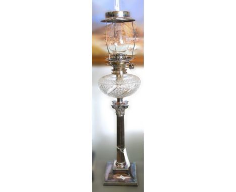 Electroplated oil lamp, cut-glass reservoir, fluted Corinthian column shaft, 55cms overall.