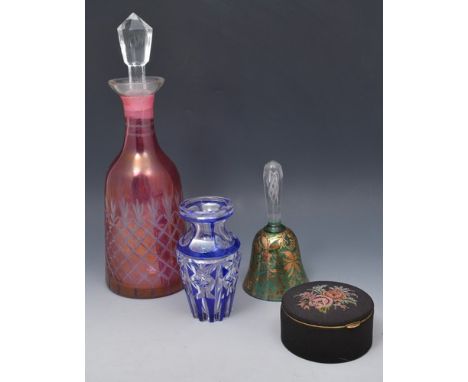 Vintage dressing table set, compact, cranberry tinted decanter etc.