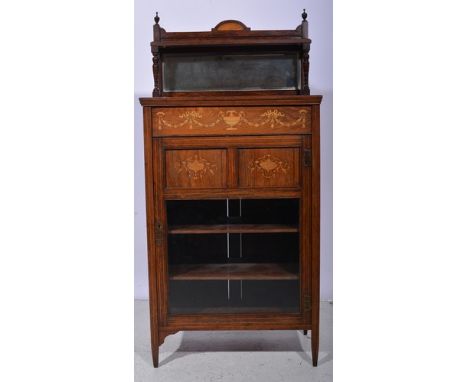 Late Victorian rosewood and marquetry music cabinet, beveled mirror back, with a shelf over, frieze with marquetry decoration