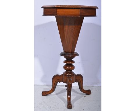 Victorian inlaid burr walnut work table, octagonal hinged top with Tunbridge ware banding and a foliate centre, compartmental