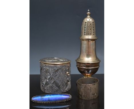 George III style silver baluster-shaped caster, London 1968, 18cms, a Victorian silver fish knife, Newcastle 1847, silver-top