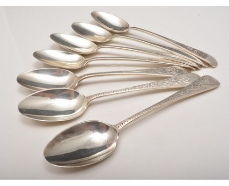 Set of ten Victorian Scottish silver teaspoons, Glasgow 1886, bright cut decoration, six Edwardian teaspoons, Sheffield 1901,