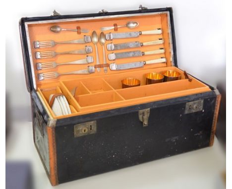 Vintage black and brown leather picnic case, pigskin lined and part filled , width 52cm