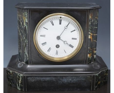 French black and coloured marble mantel clock, 19th Century, white enamelled dial, cylinder movement, 20cms.