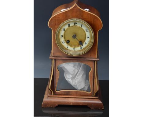 Continental stained wood mantel clock, lancet shape, ivorine chapter ring, the movement striking on a gong, 36cms.
