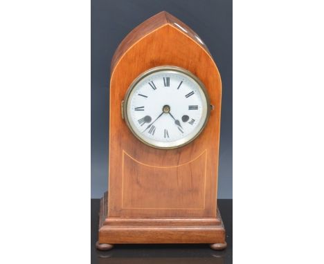 Edwardian stained wood lancet-shaped mantel clock, with boxwood stringing, white enamelled dial, the movement striking on a g
