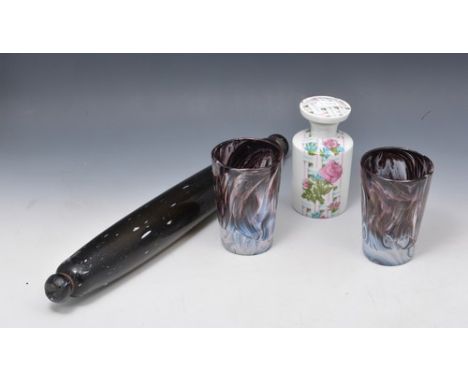 Two Slag Glass beakers, coloured glass rolling pin and three French dressing table jars (6).