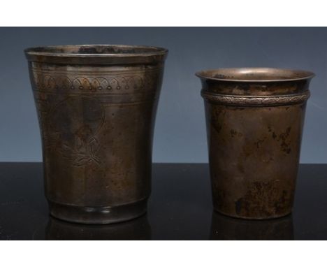 French silver beaker, slightly flared form, engine turned decoration and another Continental beaker, (2).