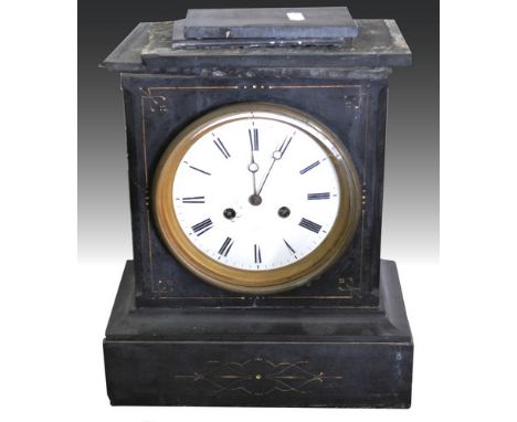 Black marble mantel clock, 19th century, white enamelled dial, cylinder movement, striking on a bell, 32cms.