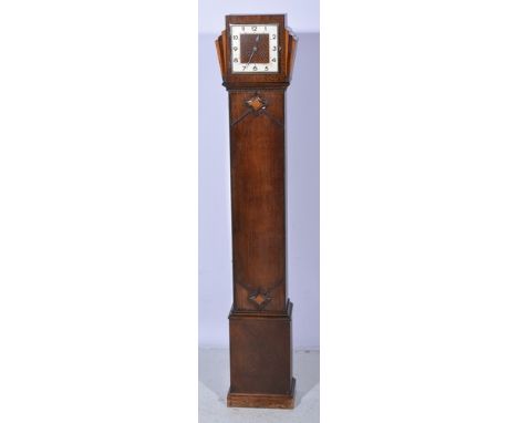 Oak-cased grandmother clock, square silvered chapter ring, the movement striking on a gong, 154cms.