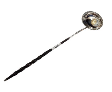 SILVER TODDY LADLE WITH GOLD COIN INSET IN BOWL, HAMMERED FOR LONDON 37CM 