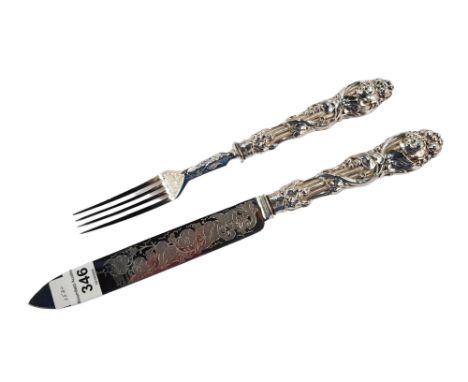 ORNATE SILVER SERVING KNIFE &amp; FORK - BIRMINGHAM 1869 -70 KNIFE 30 CM &amp; FORK 24CM